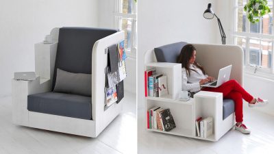 organized bookshelves with chair